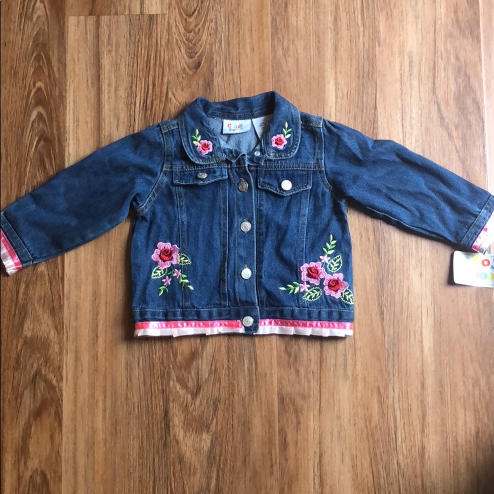 NWT Adorable jean jacket with floral embroidery